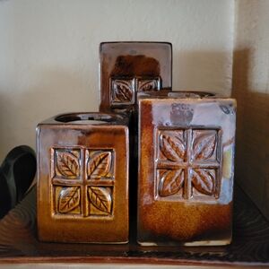4 Pcs Ceramic Pillar 3 Candle Holders Tea Lights Set +Tray Plate Embossed Leaves